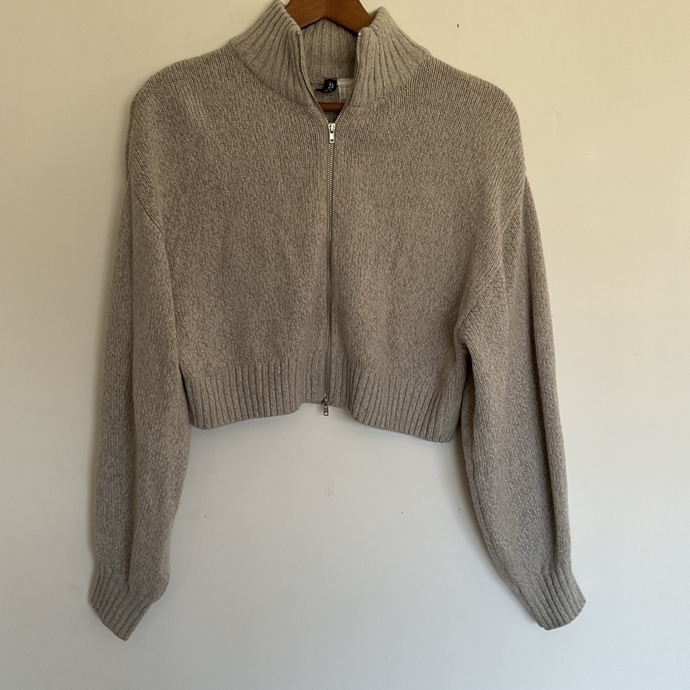 Divided Gray Cropped Zip Up Sweater